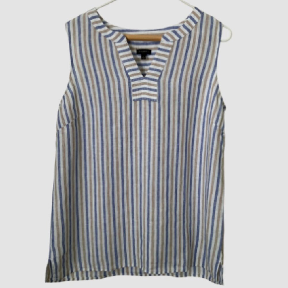 Talbots Sleeveless Linen Lace-up V-neck Top Blue, White & Tan Striped Size M NWT